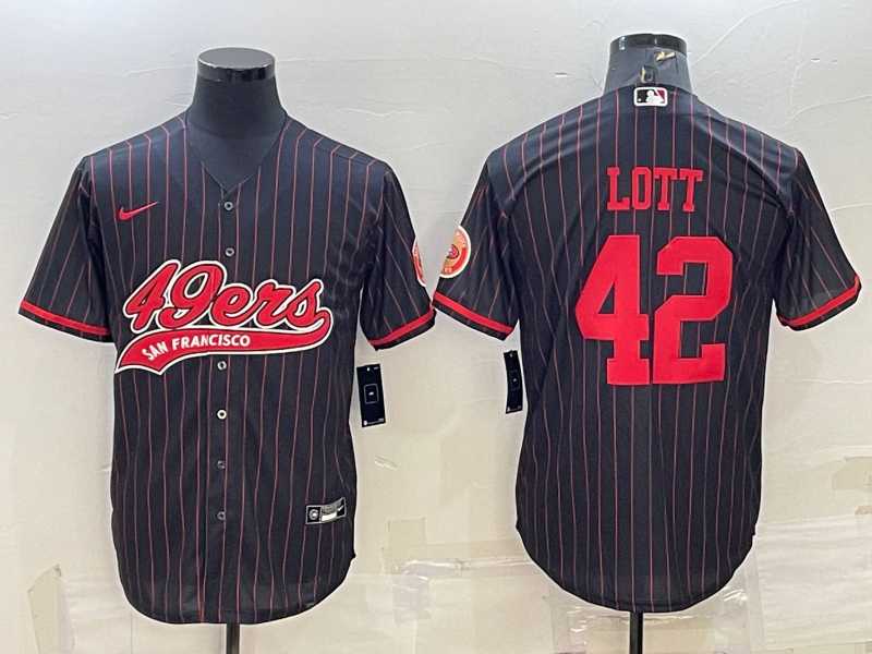 Men%27s San Francisco 49ers #42 Ronnie Lott Black Pinstripe With Patch Cool Base Stitched Baseball Jersey